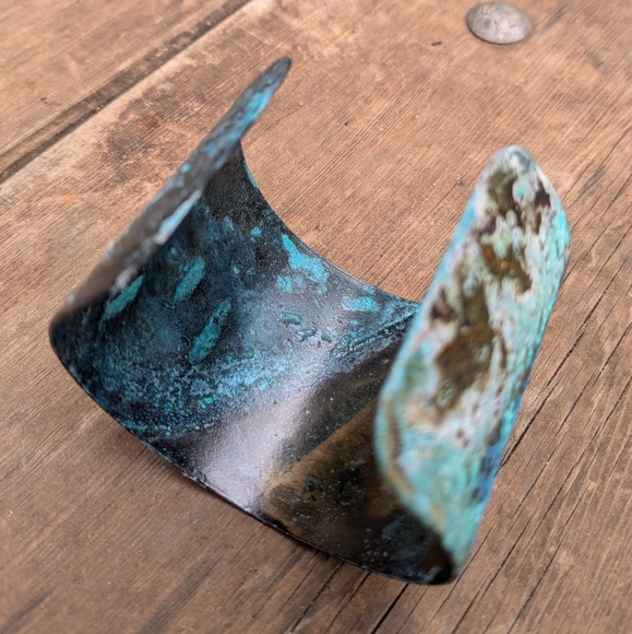 Blue Oxidized Rustic Wide Brass Cuff Bracelet - Picture 10 of 11